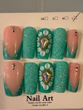 Turquoise handmade acrylic press on nails with 3D floral and diamond accents